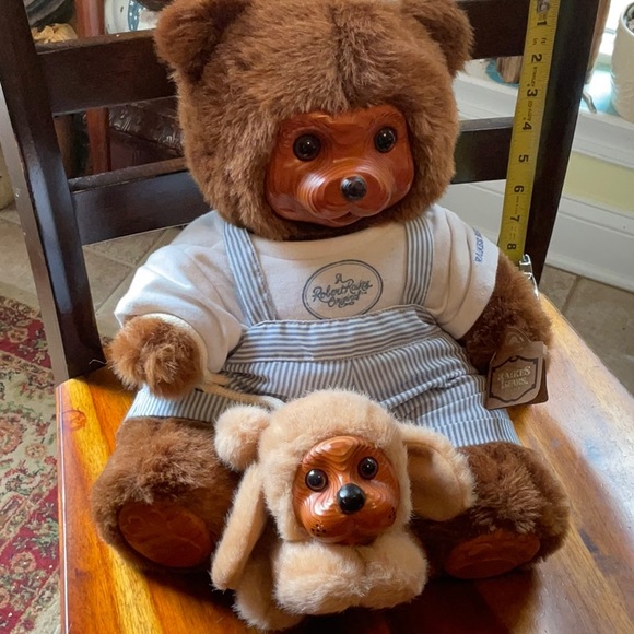 Robert Raines wood face Brown Teddy Bear with Puppy - Picture 1 of 7